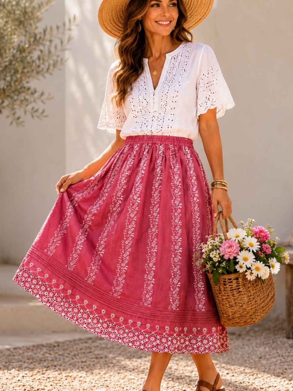 Garnet Hill Embroidered Eyelet Cotton Skirt Pink White Size 12